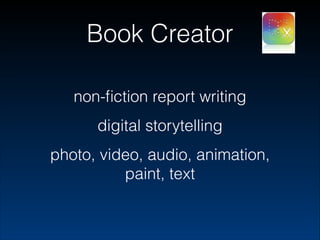 Book Creator
non-ﬁction report writing
digital storytelling
photo, video, audio, animation,
paint, text

 