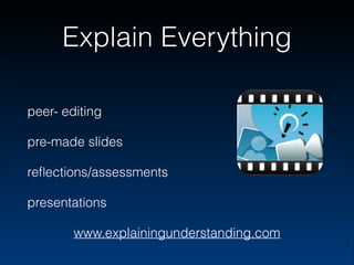 Explain Everything
peer- editing
pre-made slides
reﬂections/assessments
presentations
www.explainingunderstanding.com

 