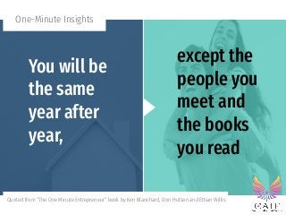 One-Minute Insights
Quoted from “The One Minute Entrepreneur” book by Ken Blanchard, Don Hutson and Ethan Willis
You will ...