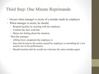 Third Step: One Minute Reprimands Occurs when manager is aware of a mistake made by employee When manager is aware, he should: Respond quickly by meeting with the employee Confirm the facts with him Shares his feeling about the situation Then the manager: Affirms how competent the employee is Says that he knows the action caused by employee is something he’s not used to see in his performance Should mention that he would not welcome the same mistake again 