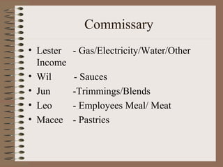 Commissary 
• Lester - Gas/Electricity/Water/Other 
Income 
• Wil - Sauces 
• Jun -Trimmings/Blends 
• Leo - Employees Meal/ Meat 
• Macee - Pastries 
 