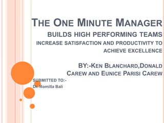 THE ONE MINUTE MANAGER
BUILDS HIGH PERFORMING TEAMS
INCREASE SATISFACTION AND PRODUCTIVITY TO
ACHIEVE EXCELLENCE
BY:-KEN BLANCHARD,DONALD
CAREW AND EUNICE PARISI CAREW
SUBMITTED TO:-
Dr. Romilla Bali
 