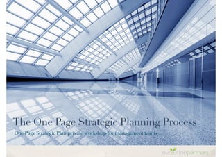 The One Page Strategic Planning Process
One Page Strategic Plan private workshop for management teams
 