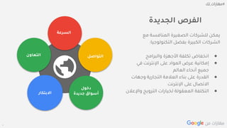 Confidential + Proprietary
‫مع‬ ‫المنافسة‬ ‫الصغيرة‬ ‫للشركات‬ ‫يمكن‬
‫التكنولوجيا‬ ‫بفضل‬ ‫الكبيرة‬ ‫الشركات‬:
●‫والبرامج‬ ‫األجهزة‬ ‫تكلفة‬ ‫انخفاض‬
●‫في‬ ‫اإلنترنت‬ ‫على‬ ‫المواد‬ ‫عرض‬ ‫إمكانية‬
‫العالم‬ ‫أنحاء‬ ‫جميع‬
●‫وجهات‬ ‫التجارية‬ ‫العالمة‬ ‫بناء‬ ‫على‬ ‫القدرة‬
‫اإلنترنت‬ ‫على‬ ‫االتصال‬
●‫واإل‬ ‫الترويج‬ ‫لخيارات‬ ‫المعقولة‬ ‫التكلفة‬‫عالن‬
‫التواصل‬
‫دخول‬
‫جديدة‬ ‫أسواق‬‫االبتكار‬
‫التعاون‬
‫السرعة‬
‫الجديدة‬ ‫الفرص‬
 