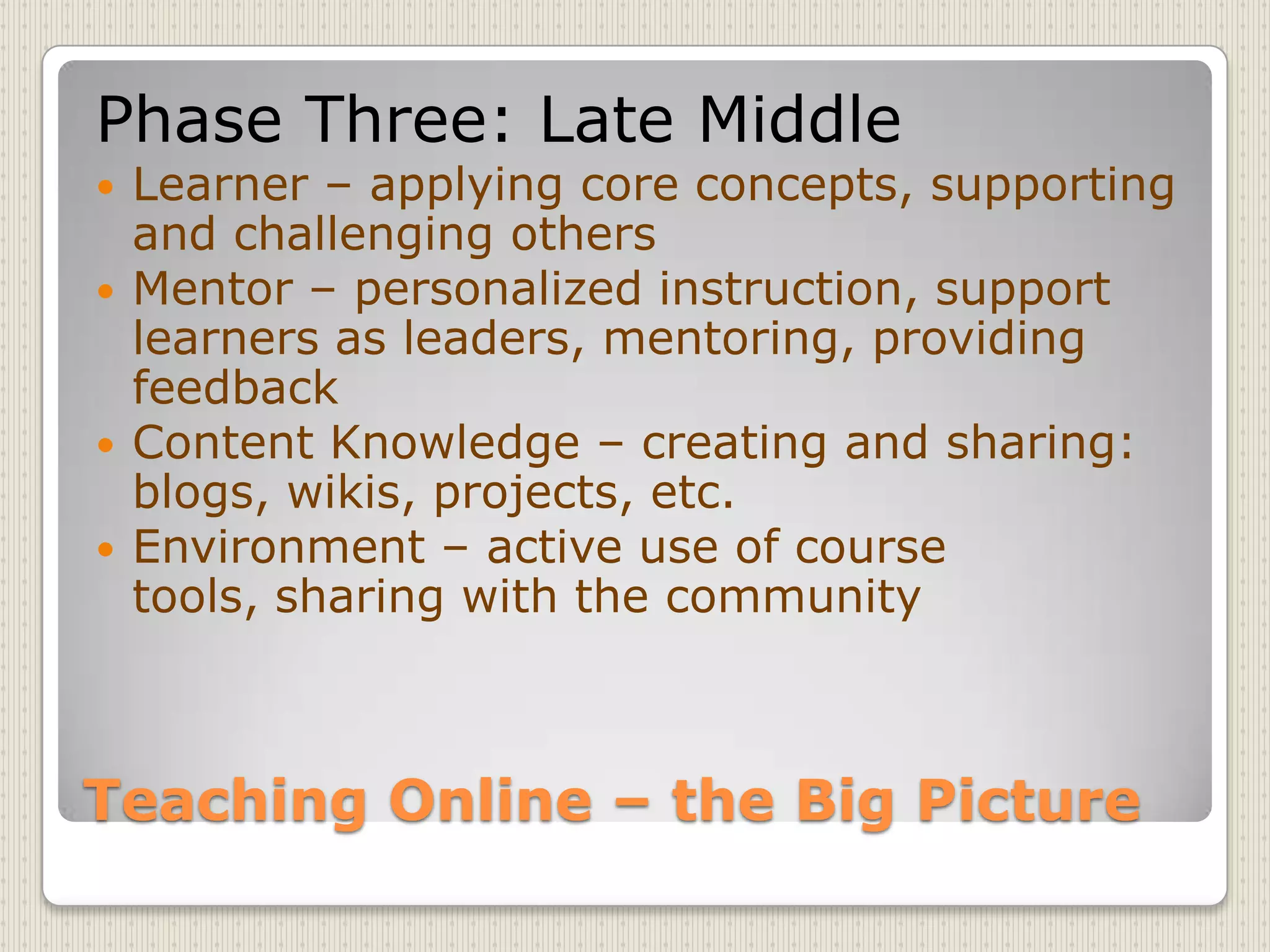 Teaching Online – the Big PicturePhase Three: Late MiddleLearner – applying core concepts, supporting and challenging othersMentor – personalized instruction, support learners as leaders, mentoring, providing feedbackContent Knowledge – creating and sharing: blogs, wikis, projects, etc.Environment – active use of course tools, sharing with the community