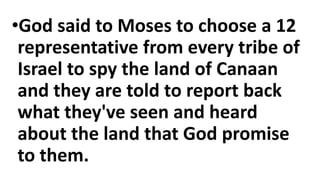 •God said to Moses to choose a 12
representative from every tribe of
Israel to spy the land of Canaan
and they are told to report back
what they've seen and heard
about the land that God promise
to them.
 