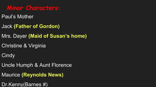 Minor Characters:
Paul’s Mother
Jack (Father of Gordon)
Mrs. Dayer (Maid of Susan’s home)
Christine & Virginia
Cindy
Uncle Humph & Aunt Florence
Maurice (Reynolds News)
Dr.Kenny(Barnes #)
 