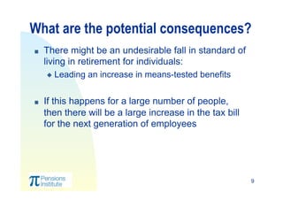 9
What are the potential consequences?
  There might be an undesirable fall in standard of
living in retirement for indiv...