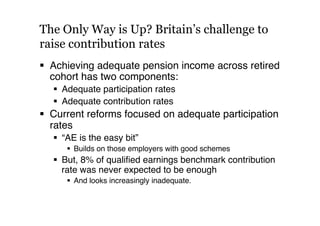 What are the potential approaches
for lifting contribution rates such as
regulation, education, incentives
and behavioural...
