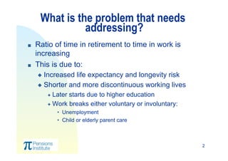 2
What is the problem that needs
addressing?
  Ratio of time in retirement to time in work is
increasing
  This is due to:
  Increased life expectancy and longevity risk
  Shorter and more discontinuous working lives
  Later starts due to higher education
  Work breaks either voluntary or involuntary:
•  Unemployment
•  Child or elderly parent care
 