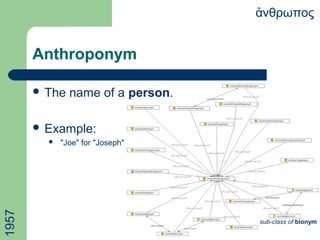 Anthroponym
νθρωποςἄ
 The name of a person.
 Example:
 "Joe" for "Joseph"
1957
sub-class of bionym
 