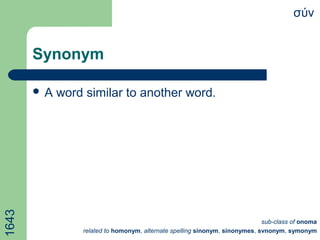 Synonym
 A word similar to another word.
σύν
sub-class of onoma
related to homonym, alternate spelling sinonym, sinonymes, svnonym, symonym
1643
 