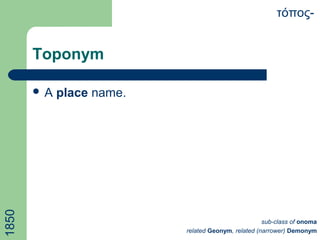 Toponym
τόπος-
 A place name.
1850
sub-class of onoma
related Geonym, related (narrower) Demonym
 
