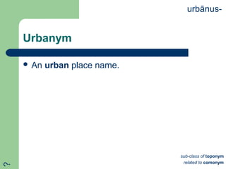 Urbanym
 An urban place name.
urbānus-
sub-class of toponym
related to comonym
?
 
