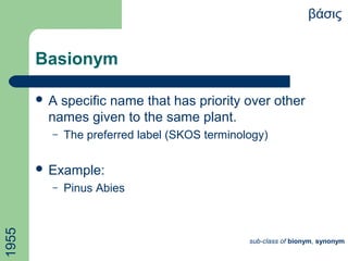 Basionym
 A specific name that has priority over other
names given to the same plant.
– The preferred label (SKOS terminology)
 Example:
– Pinus Abies
βάσις
sub-class of bionym, synonym
1955
 