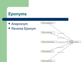 Eponyms
 Anepronym
 Reverse Eponym
 
