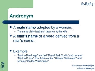 Andronym
 A male name adopted by a woman.
– The name of the husband, taken on by the wife.
 A man's name or a word derived from a
man's name.
 Example:
– "Martha Dandridge" married "Daniel Park Custis" and became
"Martha Custis", then later married "George Washington" and
became "Martha Washington".
νδρόςἀ1906
sub-class of anthroponym
related to patronym
 