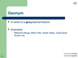 Geonym
 A name of a geographical feature.
 Examples:
– Bitterroot Range, Black Hills, Death Valley, Great Sand
Dunes, etc.
γῆ
sub-class of onoma
related to toponym
?
 