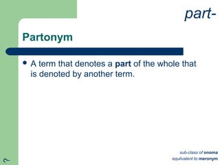 Partonym
 A term that denotes a part of the whole that
is denoted by another term.
part-
sub-class of onoma
equilvalent to meronym
?
 
