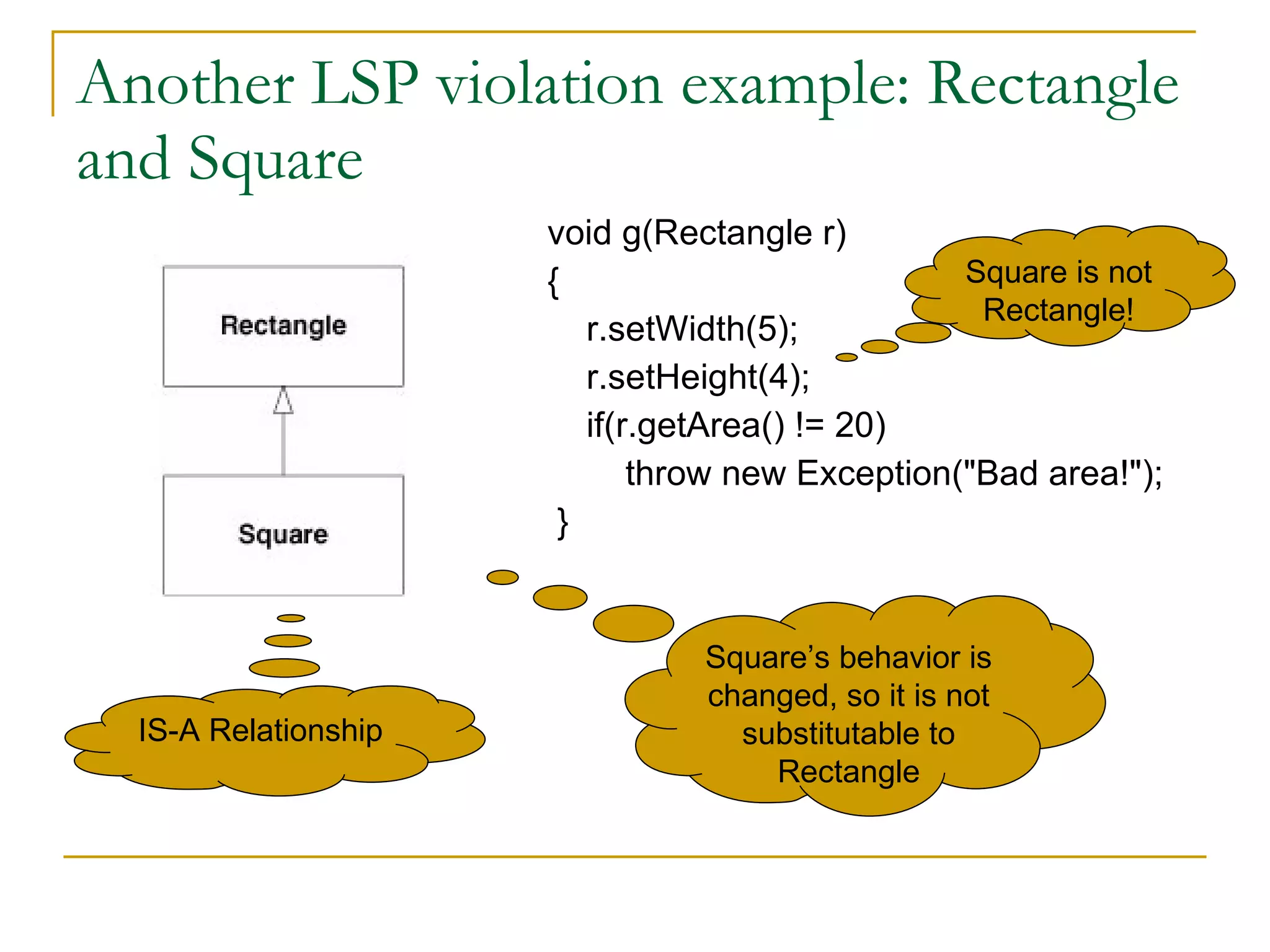 Another LSP violation example: Rectangle and Square void g(Rectangle r)  {  r.setWidth(5);  r.setHeight(4);  if(r.getArea() != 20)  throw new Exception(&quot;Bad area!&quot;); }  Square’s behavior is changed, so it is not substitutable to Rectangle IS-A Relationship Square is not Rectangle! 