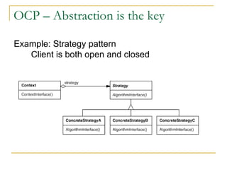 OCP – Abstraction is the key Example: Strategy pattern Client is both open and closed 