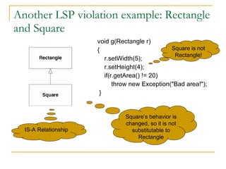 Another LSP violation example: Rectangle and Square void g(Rectangle r)  {  r.setWidth(5);  r.setHeight(4);  if(r.getArea() != 20)  throw new Exception("Bad area!"); }  Square’s behavior is changed, so it is not substitutable to Rectangle IS-A Relationship Square is not Rectangle! 