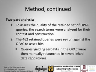 Method, continued
  Two-part analysis:
    1. To assess the quality of the retained set of OPAC
       queries, the search terms were analyzed for their
       context and construction
    2. The 462 retained queries were re-run against the
       OPAC to asses hits
        Queries yielding zero hits in the OPAC were
           then manually relaunched in seven linked
           data repositories

Slide 24, The OPAC and the web
H. L. Moulaison & R. Thompson
Presenter: Heather Lea Moulaison, @libacat
 