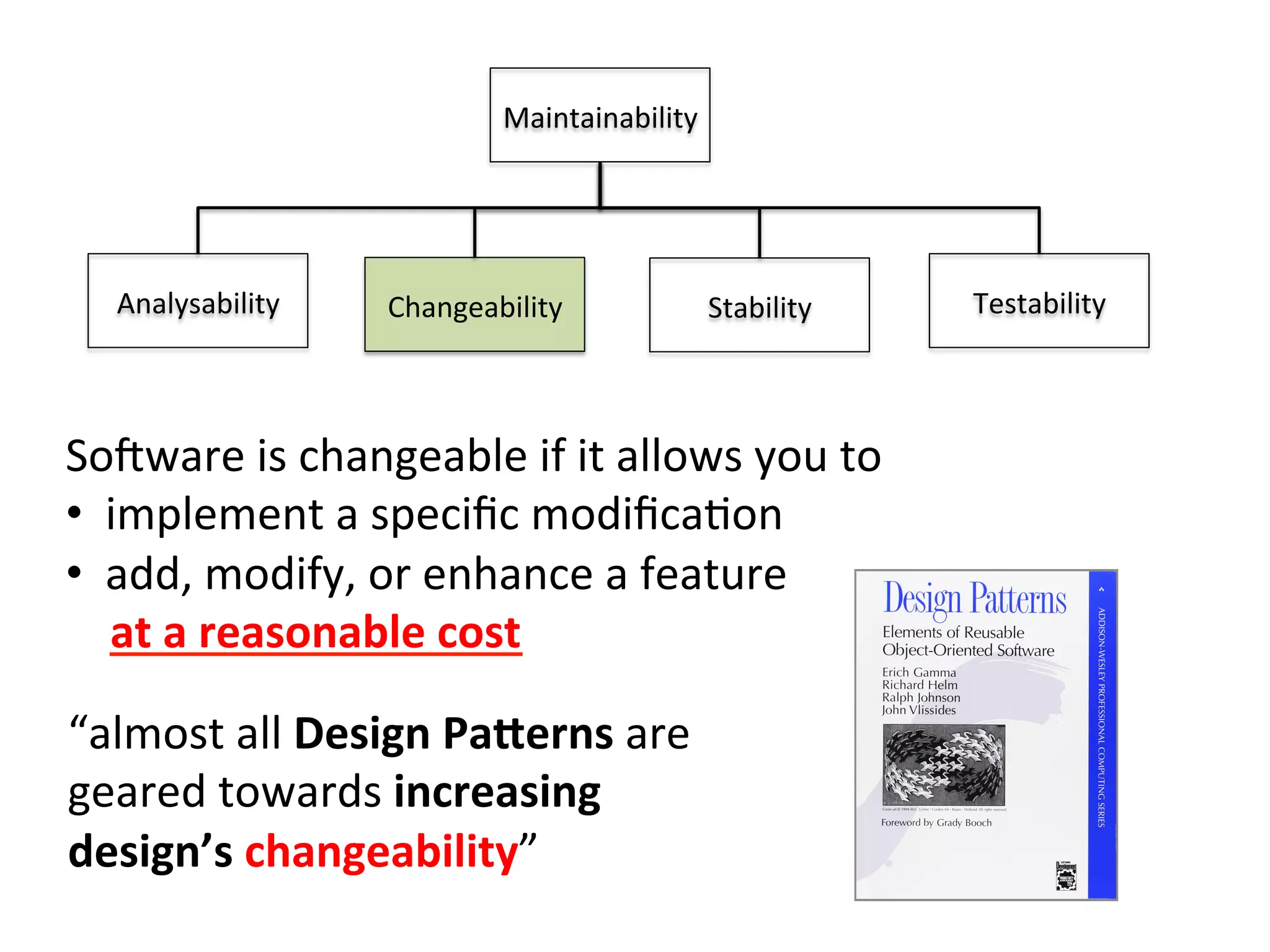 Analysability	
  
Maintainability	
  
Changeability	
   Stability	
   Testability	
  
SoZware	
  is	
  changeable	
  if	
  it	
  allows	
  you	
  to	
  
•  implement	
  a	
  speciﬁc	
  modiﬁcaHon	
  
•  add,	
  modify,	
  or	
  enhance	
  a	
  feature	
  	
  
	
  	
  	
  	
  at	
  a	
  reasonable	
  cost	
  
“almost	
  all	
  Design	
  Pa2erns	
  are	
  	
  
geared	
  towards	
  increasing	
  	
  
design’s	
  changeability”	
  
 