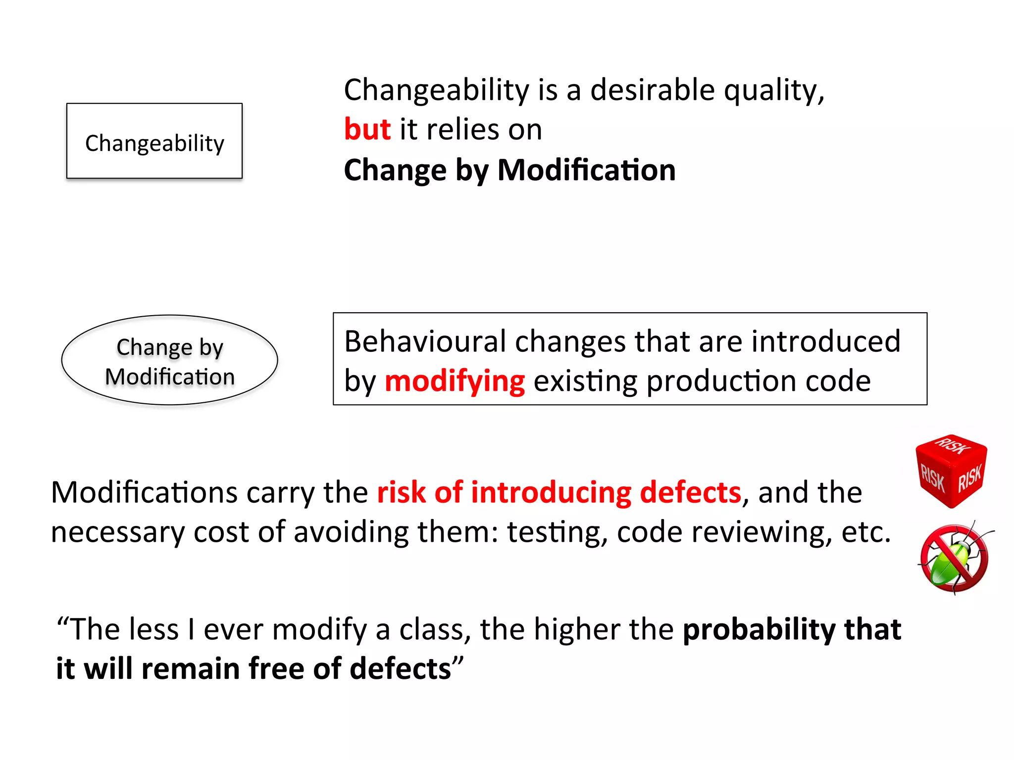 Changeability	
  
Behavioural	
  changes	
  that	
  are	
  introduced	
  
by	
  modifying	
  exisHng	
  producHon	
  code	
  
Changeability	
  is	
  a	
  desirable	
  quality,	
  	
  
but	
  it	
  relies	
  on	
  
Change	
  by	
  Modiﬁca=on	
  
Change	
  by	
  	
  
ModiﬁcaHon	
  
“The	
  less	
  I	
  ever	
  modify	
  a	
  class,	
  the	
  higher	
  the	
  probability	
  that	
  
it	
  will	
  remain	
  free	
  of	
  defects”	
  
ModiﬁcaHons	
  carry	
  the	
  risk	
  of	
  introducing	
  defects,	
  and	
  the	
  
necessary	
  cost	
  of	
  avoiding	
  them:	
  tesHng,	
  code	
  reviewing,	
  etc.	
  
 