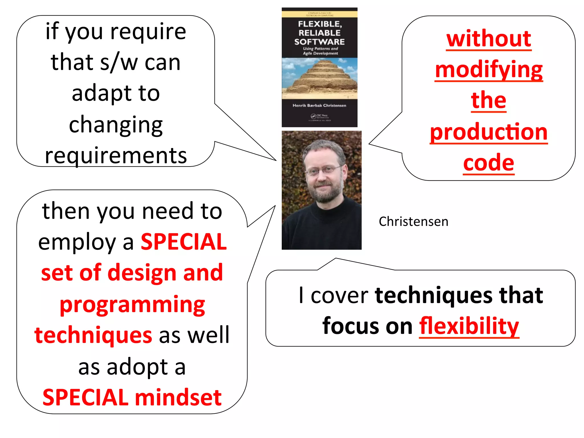 I	
  cover	
  techniques	
  that	
  
focus	
  on	
  ﬂexibility	
  	
  
Christensen	
  
if	
  you	
  require	
  
that	
  s/w	
  can	
  
adapt	
  to	
  
changing	
  
requirements	
  
without	
  
modifying	
  
the	
  
produc=on	
  
code	
  
then	
  you	
  need	
  to	
  
employ	
  a	
  SPECIAL	
  
set	
  of	
  design	
  and	
  
programming	
  
techniques	
  as	
  well	
  
as	
  adopt	
  a	
  
SPECIAL	
  mindset	
  
 