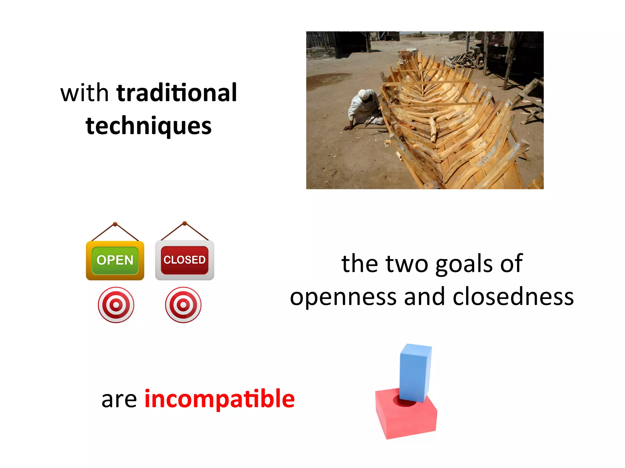 the	
  two	
  goals	
  of	
  	
  
openness	
  and	
  closedness	
  
	
  
with	
  tradi=onal	
  
techniques	
  
are	
  incompa=ble	
  
 