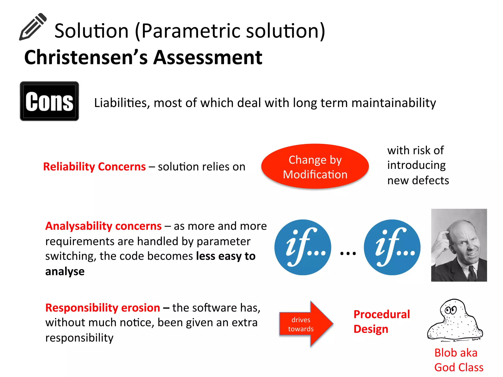 LiabiliHes,	
  most	
  of	
  which	
  deal	
  with	
  long	
  term	
  maintainability	
  
	
  
Change	
  by	
  	
  
ModiﬁcaHon	
  
Reliability	
  Concerns	
  –	
  soluHon	
  relies	
  on	
  	
  	
  
with	
  risk	
  of	
  
introducing	
  
new	
  defects	
  
	
  
Analysability	
  concerns	
  –	
  as	
  more	
  and	
  more	
  
requirements	
  are	
  handled	
  by	
  parameter	
  
switching,	
  the	
  code	
  becomes	
  less	
  easy	
  to	
  
analyse	
  
	
  
…	
  
Responsibility	
  erosion	
  –	
  the	
  soZware	
  has,	
  
without	
  much	
  noHce,	
  been	
  given	
  an	
  extra	
  
responsibility	
  
drives	
  
towards	
  
Procedural	
  
Design	
  
Blob	
  aka	
  
God	
  Class	
  
	
  	
  	
  	
  	
  	
  SoluHon	
  (Parametric	
  soluHon)	
  
Christensen’s	
  Assessment	
  
 