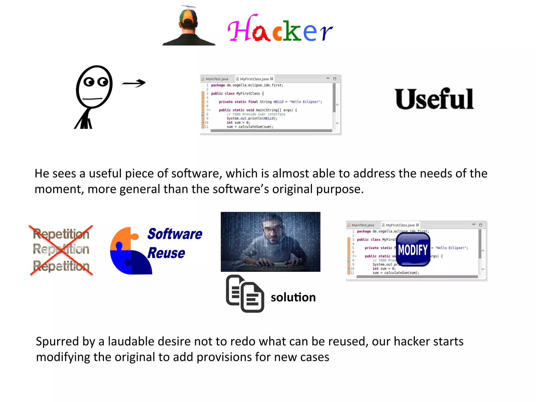 He	
  sees	
  a	
  useful	
  piece	
  of	
  soZware,	
  which	
  is	
  almost	
  able	
  to	
  address	
  the	
  needs	
  of	
  the	
  	
  
moment,	
  more	
  general	
  than	
  the	
  soZware’s	
  original	
  purpose.	
  	
  
Hacker	
  	
  
Spurred	
  by	
  a	
  laudable	
  desire	
  not	
  to	
  redo	
  what	
  can	
  be	
  reused,	
  our	
  hacker	
  starts	
  	
  
modifying	
  the	
  original	
  to	
  add	
  provisions	
  for	
  new	
  cases	
  
solu=on	
  
 