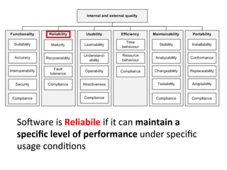 SoZware	
  is	
  Reliabile	
  if	
  it	
  can	
  maintain	
  a	
  
speciﬁc	
  level	
  of	
  performance	
  under	
  speciﬁc	
  
usage	
  condiHons	
  
 