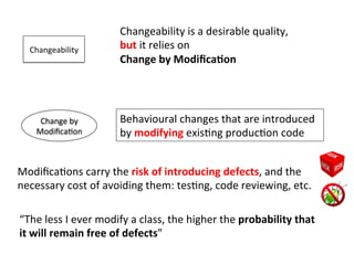 Changeability	
  
Behavioural	
  changes	
  that	
  are	
  introduced	
  
by	
  modifying	
  exisHng	
  producHon	
  code	
  
Changeability	
  is	
  a	
  desirable	
  quality,	
  	
  
but	
  it	
  relies	
  on	
  
Change	
  by	
  Modiﬁca=on	
  
Change	
  by	
  	
  
ModiﬁcaHon	
  
“The	
  less	
  I	
  ever	
  modify	
  a	
  class,	
  the	
  higher	
  the	
  probability	
  that	
  
it	
  will	
  remain	
  free	
  of	
  defects”	
  
ModiﬁcaHons	
  carry	
  the	
  risk	
  of	
  introducing	
  defects,	
  and	
  the	
  
necessary	
  cost	
  of	
  avoiding	
  them:	
  tesHng,	
  code	
  reviewing,	
  etc.	
  
 