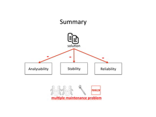 Analysability	
   Stability	
   Reliability	
  
soluHon	
  
-­‐ -­‐ -­‐
Summary	
  
mul=ple	
  maintenance	
  problem	
  
 