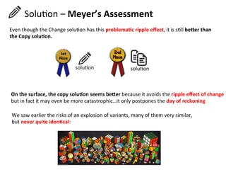 Even	
  though	
  the	
  Change	
  soluHon	
  has	
  this	
  problema=c	
  ripple	
  eﬀect,	
  it	
  is	
  sHll	
  be2er	
  than	
  	
  
the	
  Copy	
  solu=on.	
  
On	
  the	
  surface,	
  the	
  copy	
  solu=on	
  seems	
  be2er	
  because	
  it	
  avoids	
  the	
  ripple	
  eﬀect	
  of	
  change	
  
but	
  in	
  fact	
  it	
  may	
  even	
  be	
  more	
  catastrophic…it	
  only	
  postpones	
  the	
  day	
  of	
  reckoning	
  
We	
  saw	
  earlier	
  the	
  risks	
  of	
  an	
  explosion	
  of	
  variants,	
  many	
  of	
  them	
  very	
  similar,	
  	
  
but	
  never	
  quite	
  iden=cal:	
  
	
  	
  	
  	
  	
  	
  SoluHon	
  –	
  Meyer’s	
  Assessment	
  
soluHon	
  soluHon	
  
 