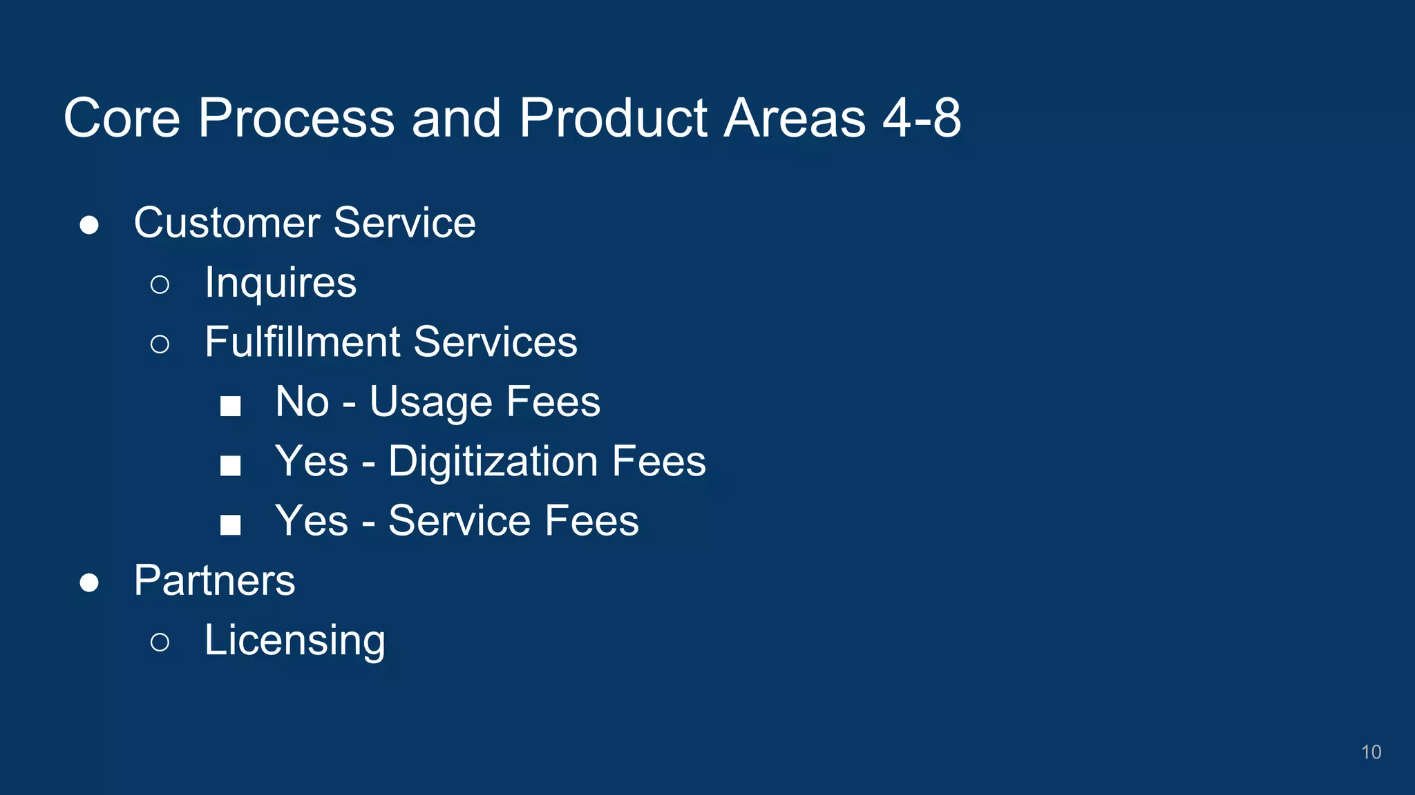 ● Customer Service
○ Inquires
○ Fulfillment Services
■ No - Usage Fees
■ Yes - Digitization Fees
■ Yes - Service Fees
● Partners
○ Licensing
Core Process and Product Areas 4-8
10
 