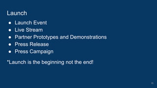 ● Launch Event
● Live Stream
● Partner Prototypes and Demonstrations
● Press Release
● Press Campaign
*Launch is the beginning not the end!
Launch
15
 