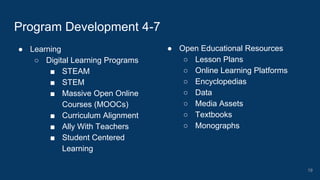 ● Learning
○ Digital Learning Programs
■ STEAM
■ STEM
■ Massive Open Online
Courses (MOOCs)
■ Curriculum Alignment
■ Ally With Teachers
■ Student Centered
Learning
Program Development 4-7
● Open Educational Resources
○ Lesson Plans
○ Online Learning Platforms
○ Encyclopedias
○ Data
○ Media Assets
○ Textbooks
○ Monographs
19
 