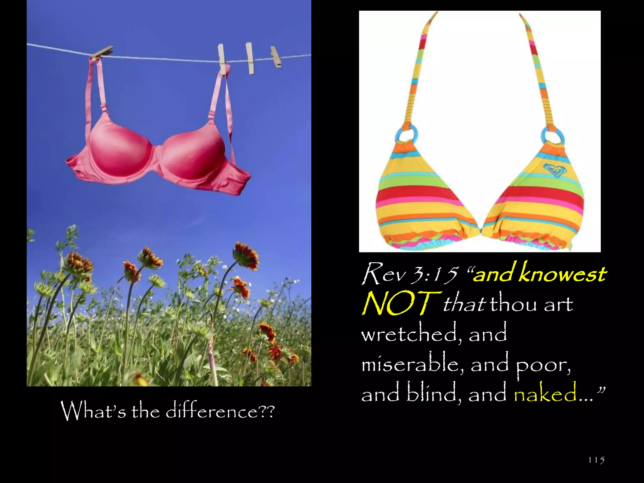 Rev 3:15 ―and knowest
                          NOT that thou art
                          wretched, and
                          miserable, and poor,
                          and blind, and naked…‖
What‘s the difference??

                                              115
 