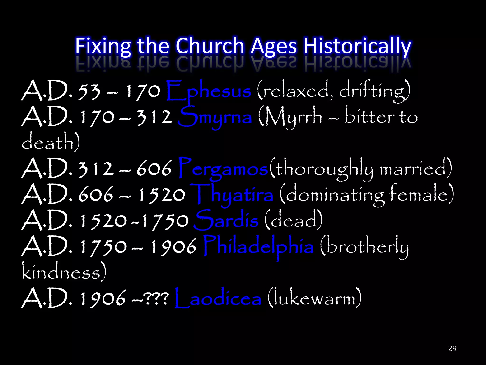 Fixing the Church Ages Historically
A.D. 53 – 170 Ephesus (relaxed, drifting)
A.D. 170 – 312 Smyrna (Myrrh – bitter to
death)
A.D. 312 – 606 Pergamos(thoroughly married)
A.D. 606 – 1520 Thyatira (dominating female)
A.D. 1520 -1750 Sardis (dead)
A.D. 1750 – 1906 Philadelphia (brotherly
kindness)
A.D. 1906 –??? Laodicea (lukewarm)

                                           29
 