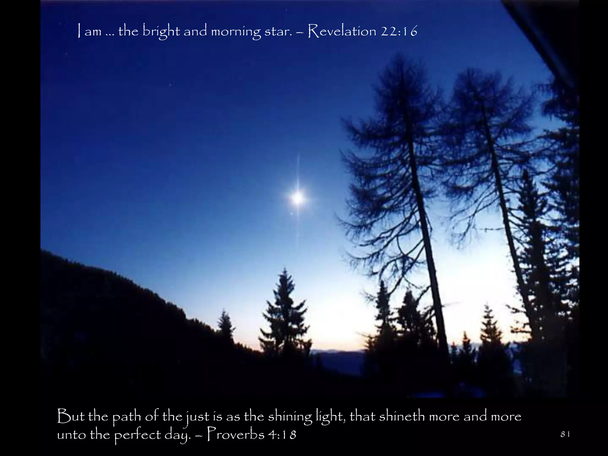 I am … the bright and morning star. – Revelation 22:16




But the path of the just is as the shining light, that shineth more and more
unto the perfect day. – Proverbs 4:18                                          81
 