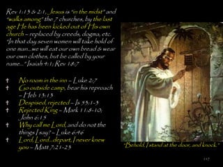 Rev 1:13 & 2:1, Jesus is ―in the midst‖ and
―walks among‖ the 7 churches, by the last
age He has been kicked out of His own
church – replaced by creeds, dogma, etc.
―In that day seven women will take hold of
one man…we will eat our own bread & wear
our own clothes, but be called by your
name…‖ Isaiah 4:1; Rev 18:7

    No room in the inn – Luke 2:7
    Go outside camp, bear his reproach
    – Heb 13:13
    Despised, rejected – Is 53:1-3
    Rejected King – Mark 11:8-10;
    John 6:15
    Why call me Lord, and do not the
    things I say? – Luke 6:46
    Lord, Lord…depart, I never knew
    you – Matt 7:21-23                        ―Behold, I stand at the door, and knock.‖

                                                                                117
 