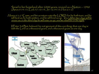 *Israel in her homeland after 2000 years, revived as a Nation – 1948
   (Amos 9:14-15; Ezek 37:10-14; Jer 16:14-15; Hos 6:1-2)

Hosea 6:1-2 ―Come, and let us return unto the LORD: for he hath torn, and he
  will heal us; he hath smitten, and he will bind us up. Vs.2 After two days will he
  revive us: in the third day he will raise us up, and we shall live in his sight.‖

   II Peter 3:8 But, beloved, be not ignorant of this one thing, that one day is
   with the Lord as a thousand years, and a thousand years as one day




                                                                                   17
 