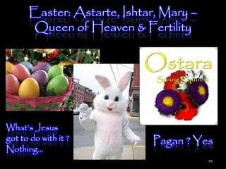 Easter: Astarte, Ishtar, Mary –
      Queen of Heaven & Fertility




What‘s Jesus
got to do with it ?         Pagan ? Yes
Nothing…
                                        79
 