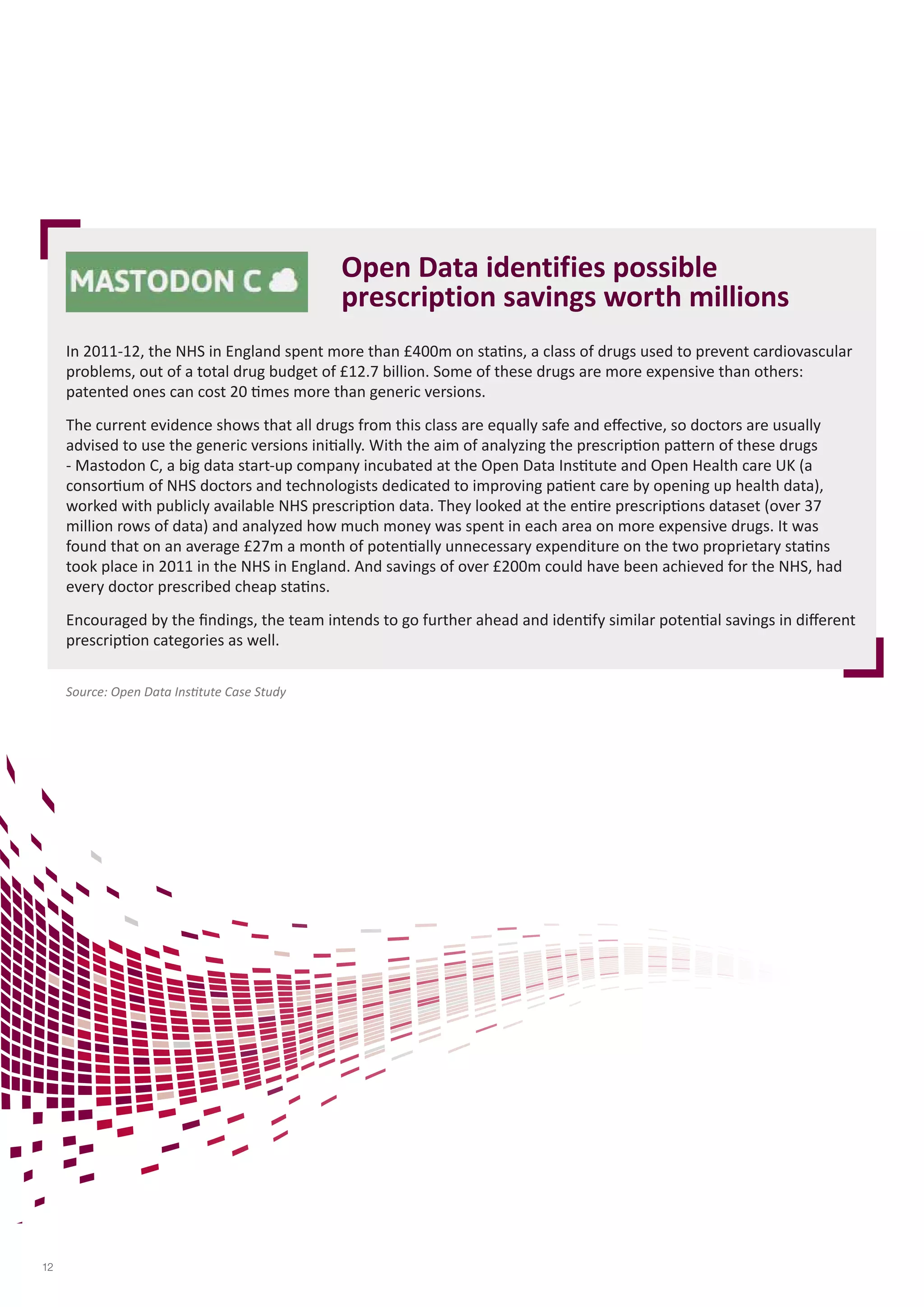 Open Data identifies possible 
prescription savings worth millions 
In 2011-12, the NHS in England spent more than £400m on statins, a class of drugs used to prevent cardiovascular 
problems, out of a total drug budget of £12.7 billion. Some of these drugs are more expensive than others: 
patented ones can cost 20 times more than generic versions. 
The current evidence shows that all drugs from this class are equally safe and effective, so doctors are usually 
advised to use the generic versions initially. With the aim of analyzing the prescription pattern of these drugs 
- Mastodon C, a big data start-up company incubated at the Open Data Institute and Open Health care UK (a 
consortium of NHS doctors and technologists dedicated to improving patient care by opening up health data), 
worked with publicly available NHS prescription data. They looked at the entire prescriptions dataset (over 37 
million rows of data) and analyzed how much money was spent in each area on more expensive drugs. It was 
found that on an average £27m a month of potentially unnecessary expenditure on the two proprietary statins 
took place in 2011 in the NHS in England. And savings of over £200m could have been achieved for the NHS, had 
every doctor prescribed cheap statins. 
Encouraged by the findings, the team intends to go further ahead and identify similar potential savings in different 
prescription categories as well. 
Source: Open Data Institute Case Study 
12 
 