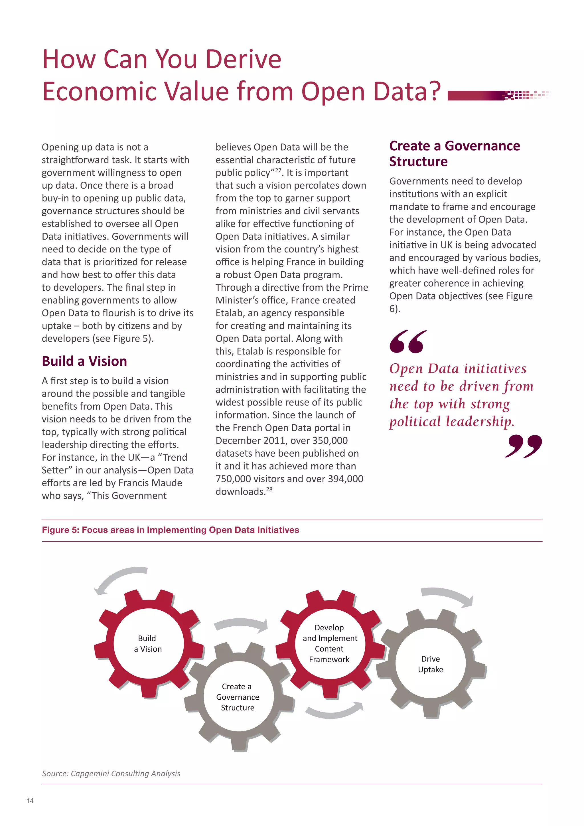 How Can You Derive 
Economic Value from Open Data? 
Opening up data is not a 
straightforward task. It starts with 
government willingness to open 
up data. Once there is a broad 
buy-in to opening up public data, 
governance structures should be 
established to oversee all Open 
Data initiatives. Governments will 
need to decide on the type of 
data that is prioritized for release 
and how best to offer this data 
to developers. The final step in 
enabling governments to allow 
Open Data to flourish is to drive its 
uptake – both by citizens and by 
developers (see Figure 5). 
Build a Vision 
A first step is to build a vision 
around the possible and tangible 
benefits from Open Data. This 
vision needs to be driven from the 
top, typically with strong political 
leadership directing the efforts. 
For instance, in the UK—a “Trend 
Setter” in our analysis—Open Data 
efforts are led by Francis Maude 
who says, “This Government 
believes Open Data will be the 
essential characteristic of future 
public policy”27. It is important 
that such a vision percolates down 
from the top to garner support 
from ministries and civil servants 
alike for effective functioning of 
Open Data initiatives. A similar 
vision from the country’s highest 
office is helping France in building 
a robust Open Data program. 
Through a directive from the Prime 
Minister’s office, France created 
Etalab, an agency responsible 
for creating and maintaining its 
Open Data portal. Along with 
this, Etalab is responsible for 
coordinating the activities of 
ministries and in supporting public 
administration with facilitating the 
widest possible reuse of its public 
information. Since the launch of 
the French Open Data portal in 
December 2011, over 350,000 
datasets have been published on 
it and it has achieved more than 
750,000 visitors and over 394,000 
downloads.28 
Create a Governance 
Structure 
Governments need to develop 
institutions with an explicit 
mandate to frame and encourage 
the development of Open Data. 
For instance, the Open Data 
initiative in UK is being advocated 
and encouraged by various bodies, 
which have well-defined roles for 
greater coherence in achieving 
Open Data objectives (see Figure 
6). 
Figure 5: Focus areas in Implementing Open Data Initiatives 
Build 
a Vision 
Source: Capgemini Consulting Analysis 
Create a 
Governance 
Structure 
Develop 
and Implement 
Content 
Framework Drive 
Uptake 
14 
Open Data initiatives 
need to be driven from 
the top with strong 
political leadership. 
 