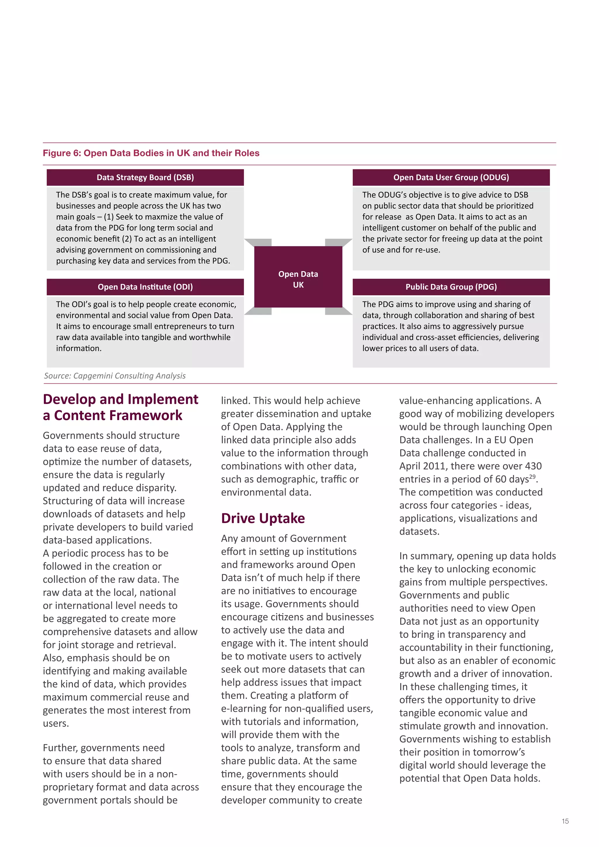 Data Strategy Board (DSB) 
The DSB’s goal is to create maximum value, for 
businesses and people across the UK has two 
main goals – (1) Seek to maxmize the value of 
data from the PDG for long term social and 
economic benefit (2) To act as an intelligent 
advising government on commissioning and 
purchasing key data and services from the PDG. 
Develop and Implement 
a Content Framework 
Governments should structure 
data to ease reuse of data, 
optimize the number of datasets, 
ensure the data is regularly 
updated and reduce disparity. 
Structuring of data will increase 
downloads of datasets and help 
private developers to build varied 
data-based applications. 
A periodic process has to be 
followed in the creation or 
collection of the raw data. The 
raw data at the local, national 
or international level needs to 
be aggregated to create more 
comprehensive datasets and allow 
for joint storage and retrieval. 
Also, emphasis should be on 
identifying and making available 
the kind of data, which provides 
maximum commercial reuse and 
generates the most interest from 
users. 
Further, governments need 
to ensure that data shared 
with users should be in a non-proprietary 
format and data across 
government portals should be 
linked. This would help achieve 
greater dissemination and uptake 
of Open Data. Applying the 
linked data principle also adds 
value to the information through 
combinations with other data, 
such as demographic, traffic or 
environmental data. 
Drive Uptake 
Any amount of Government 
effort in setting up institutions 
and frameworks around Open 
Data isn’t of much help if there 
are no initiatives to encourage 
its usage. Governments should 
encourage citizens and businesses 
to actively use the data and 
engage with it. The intent should 
be to motivate users to actively 
seek out more datasets that can 
help address issues that impact 
them. Creating a platform of 
e-learning for non-qualified users, 
with tutorials and information, 
will provide them with the 
tools to analyze, transform and 
share public data. At the same 
time, governments should 
ensure that they encourage the 
developer community to create 
value-enhancing applications. A 
good way of mobilizing developers 
would be through launching Open 
Data challenges. In a EU Open 
Data challenge conducted in 
April 2011, there were over 430 
entries in a period of 60 days29. 
The competition was conducted 
across four categories - ideas, 
applications, visualizations and 
datasets. 
In summary, opening up data holds 
the key to unlocking economic 
gains from multiple perspectives. 
Governments and public 
authorities need to view Open 
Data not just as an opportunity 
to bring in transparency and 
accountability in their functioning, 
but also as an enabler of economic 
growth and a driver of innovation. 
In these challenging times, it 
offers the opportunity to drive 
tangible economic value and 
stimulate growth and innovation. 
Governments wishing to establish 
their position in tomorrow’s 
digital world should leverage the 
potential that Open Data holds. 
Figure 6: Open Data Bodies in UK and their Roles 
Source: Capgemini Consulting Analysis 
Open Data User Group (ODUG) 
The ODUG’s objective is to give advice to DSB 
on public sector data that should be prioritized 
for release as Open Data. It aims to act as an 
intelligent customer on behalf of the public and 
the private sector for freeing up data at the point 
of use and for re-use. 
Open Data Institute (ODI) 
The ODI’s goal is to help people create economic, 
environmental and social value from Open Data. 
It aims to encourage small entrepreneurs to turn 
raw data available into tangible and worthwhile 
information. 
Public Data Group (PDG) 
The PDG aims to improve using and sharing of 
data, through collaboration and sharing of best 
practices. It also aims to aggressively pursue 
individual and cross-asset efficiencies, delivering 
lower prices to all users of data. 
Open Data 
UK 
15 
 