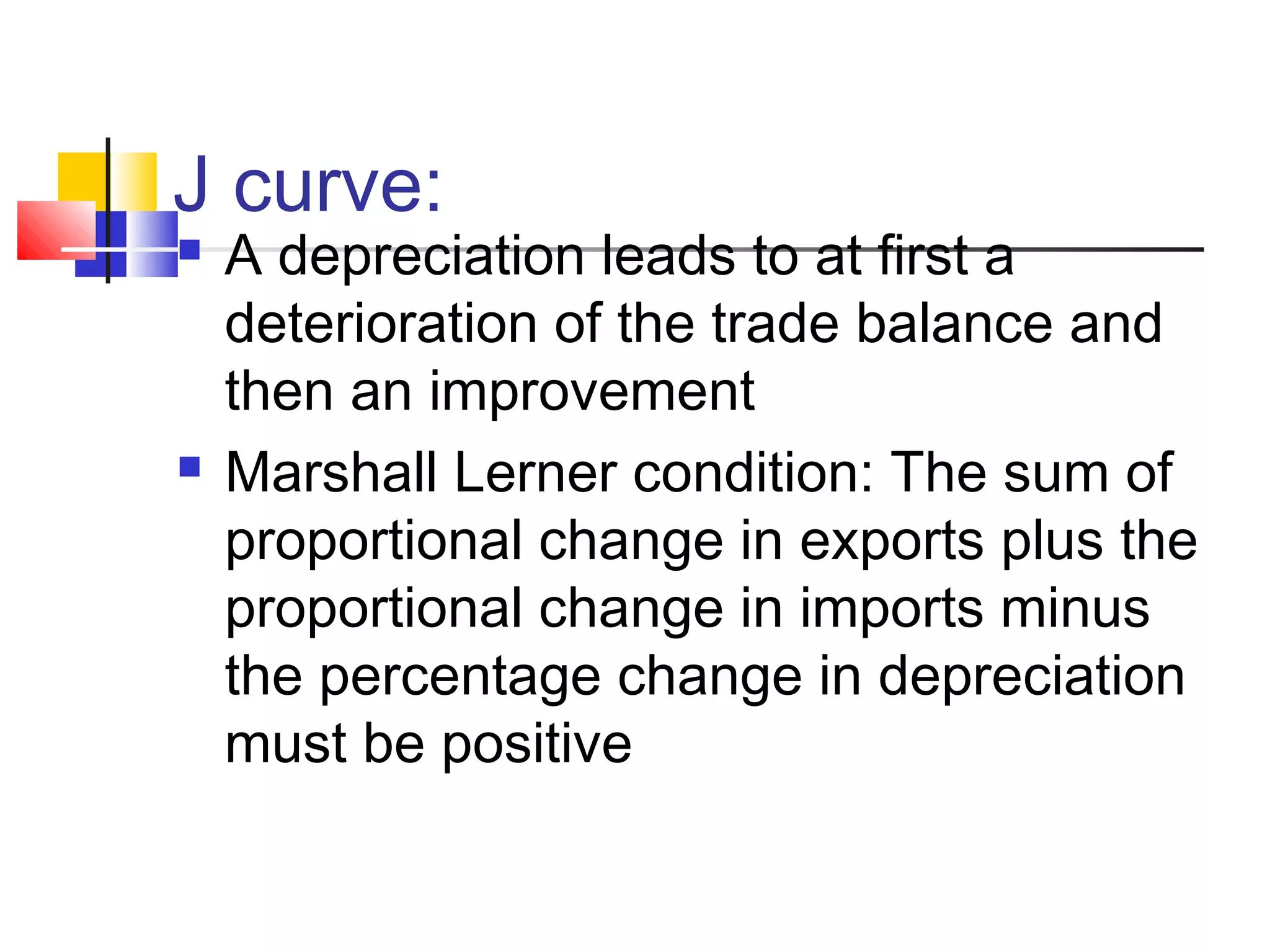 J curve:




A depreciation leads to at first a
deterioration of the trade balance and
then an improvement
Marshall Lerner condition: The sum of
proportional change in exports plus the
proportional change in imports minus
the percentage change in depreciation
must be positive

 